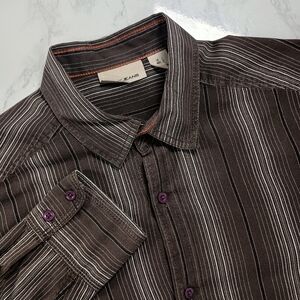DKNY JEANS Brown White Striped L 100% Cotton Men's Long Sleeve Button-Up Shirt‎